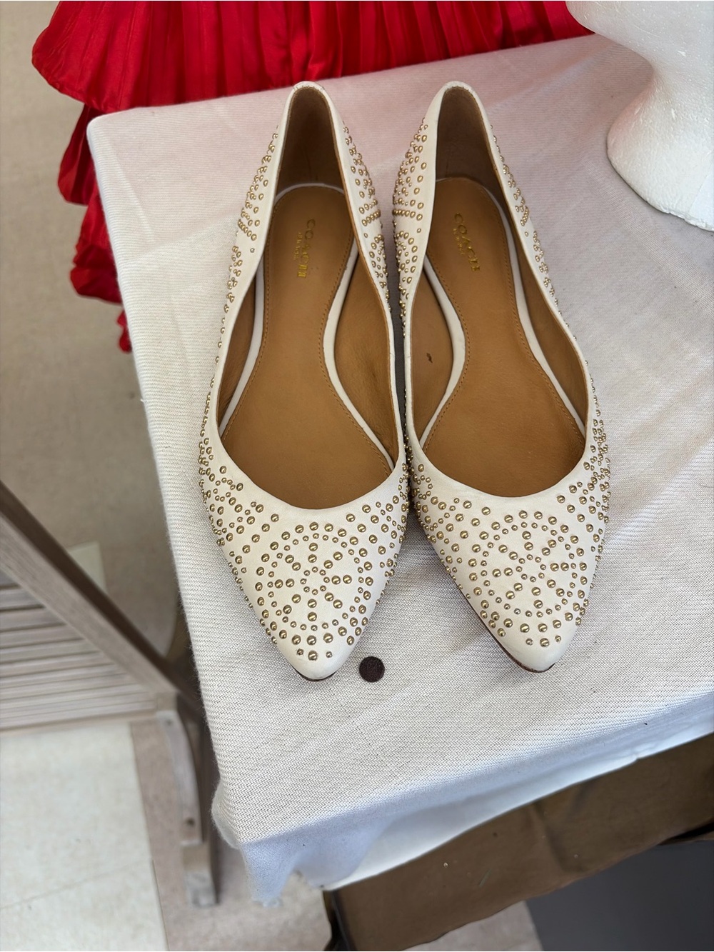 Coach White Studded Pointed Toe Leather Flats